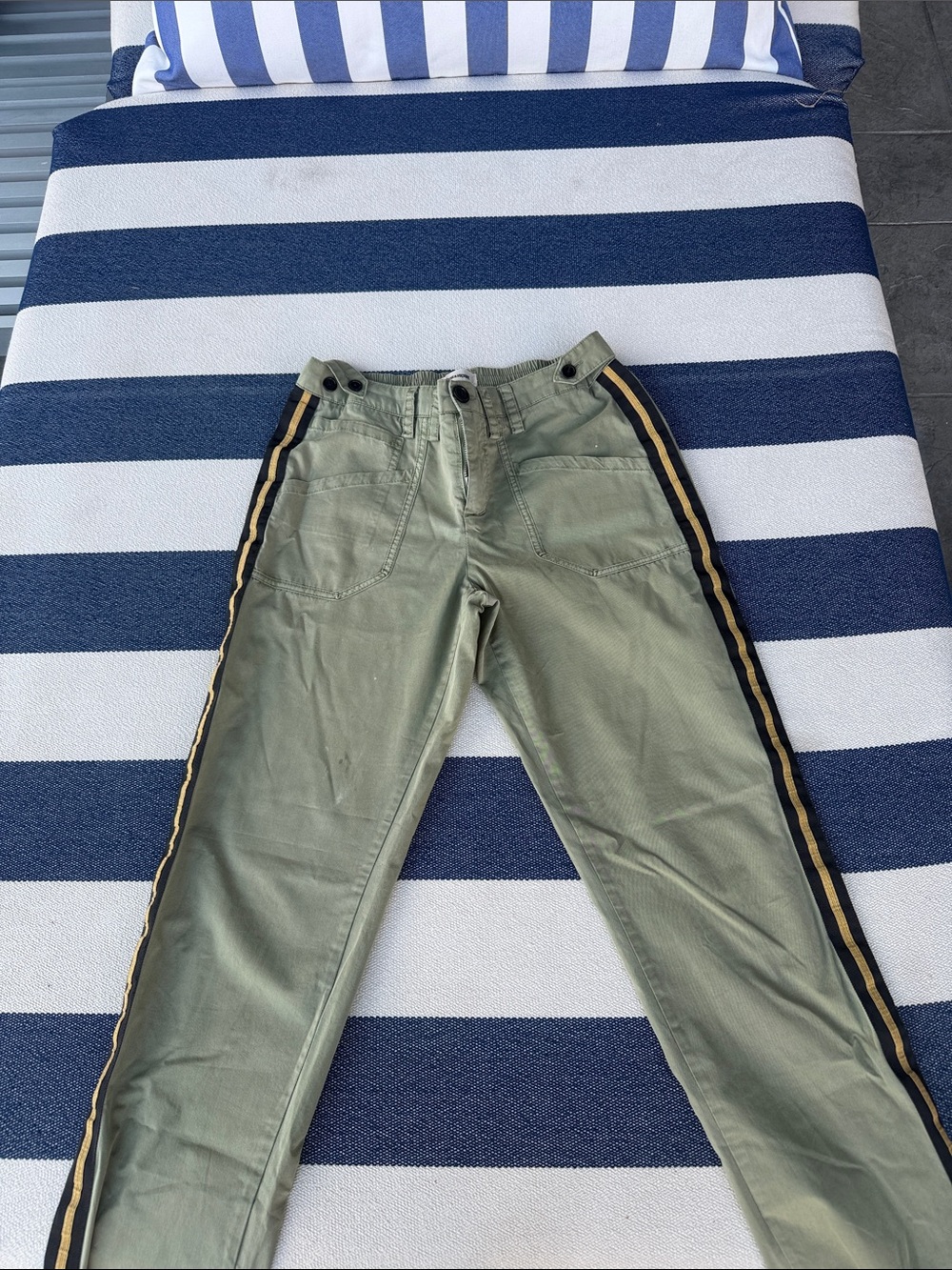 Zadig & Voltaire Olive Green Pants with Black and Gold Side Stripes